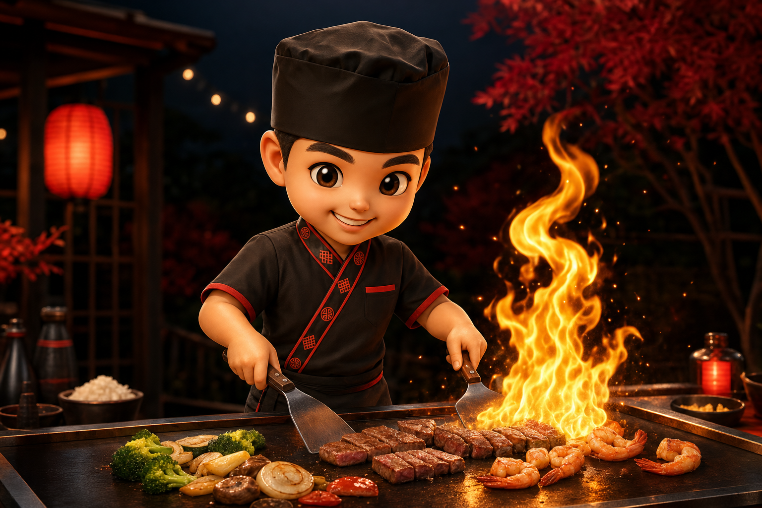 Q-version cartoon hibachi chef smiling while cooking over a live flame